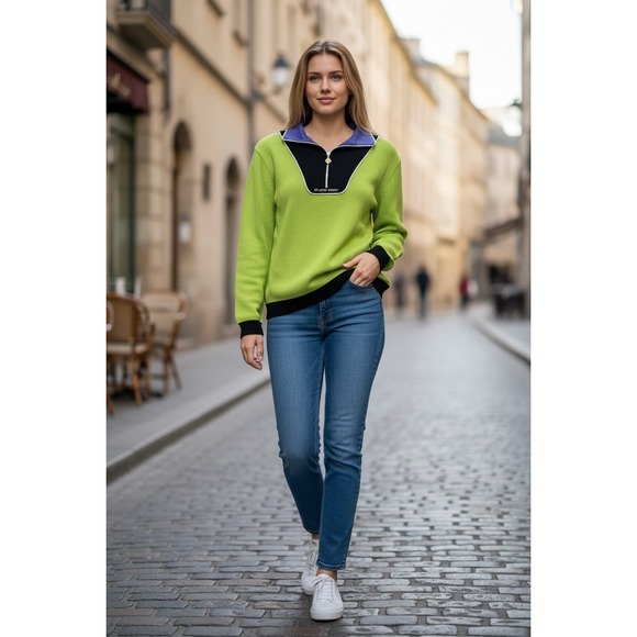 St. John Sport Sweaters - St John Sport Womens Lime Green Quarter Zip Knit Sweater Colorblock Black Purple